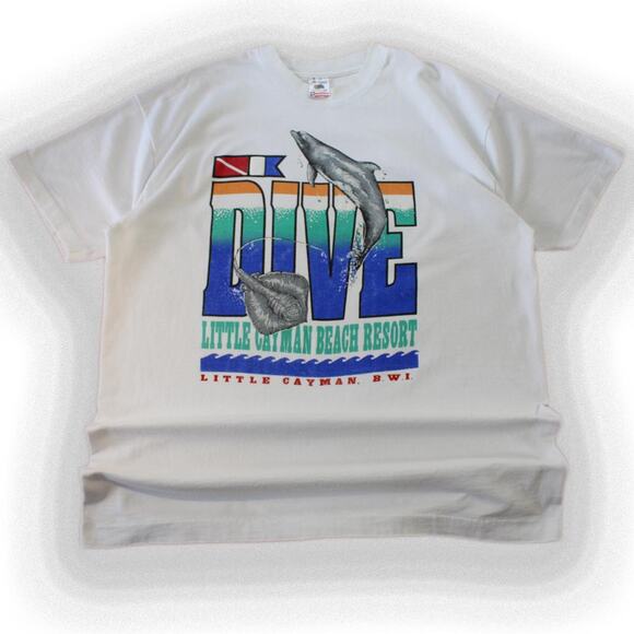 Vintage 90's White Dolphin " Dive Beach Resort " Graphic Tee - Picture 1 of 7